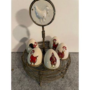 5 Vintage Ceramic Eggs With Pictures of Chickens in a Adorable Egg Holder #869